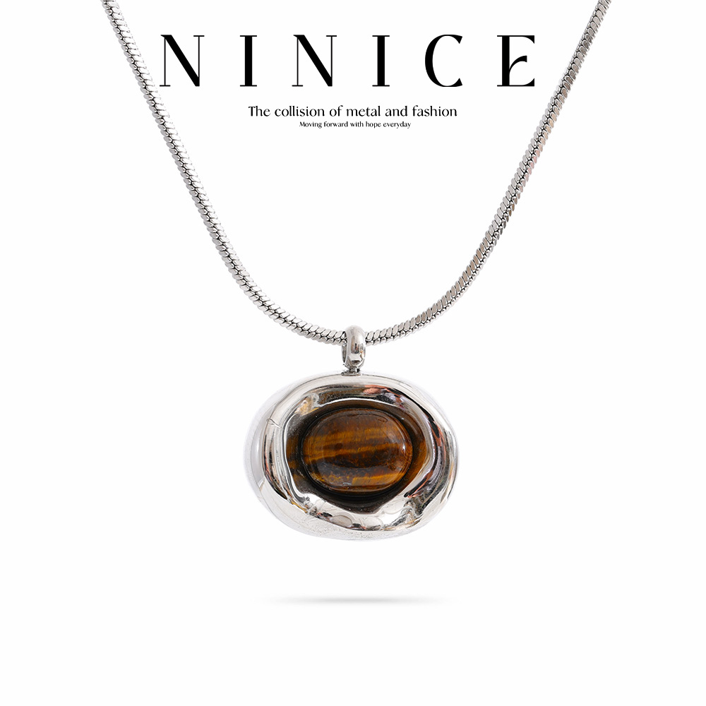 Birth Flower Necklace - NiNice Edelstahl-Halskette, natürlicher Tigerauge-Stein, Anhänger, modisches