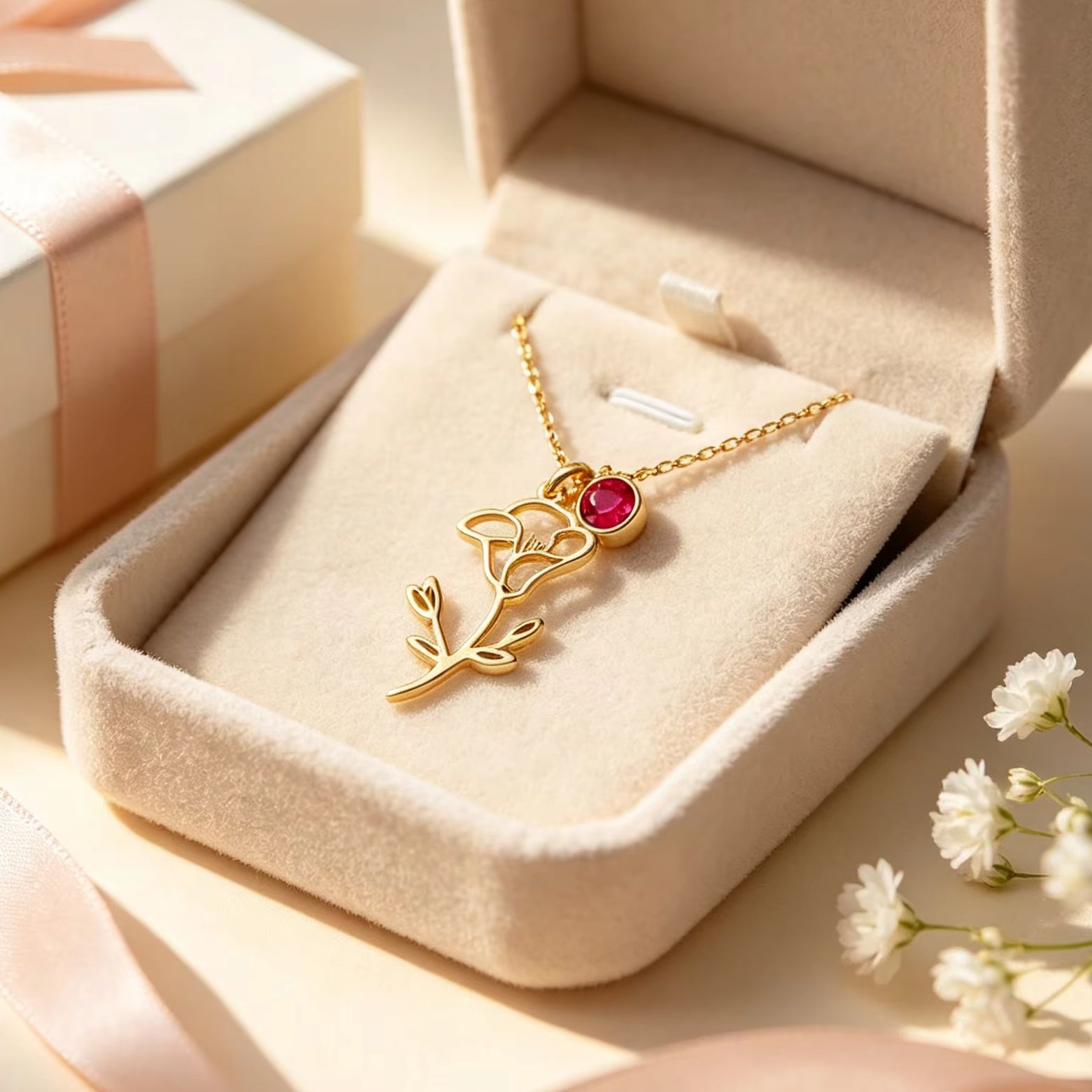 Birth Flower Necklace - Personalisierte Geburtsmond-Blumen-Halskette aus Edelstahl mit Geburtsstein